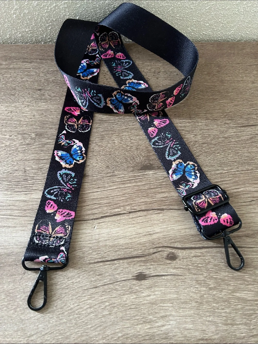 Adjustable Black Strap Replacement with Pink & Blue Butterfly Print